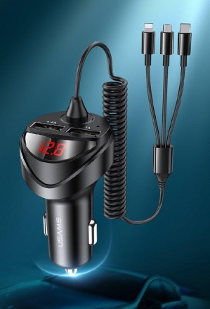 Usams US-CC119 C22 3.4A Dual USB Car Charger With 3IN1 Spring Cable Black ─ це а. . фото 3