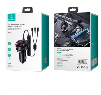 Usams US-CC119 C22 3.4A Dual USB Car Charger With 3IN1 Spring Cable Black ─ це а. . фото 6