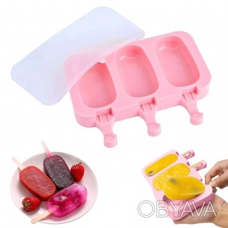 Форма силиконовая для мороженого Эскимо и евродесертов с палочками на 3 ячейки п. . фото 1