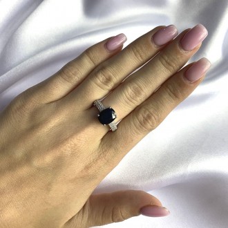 Родированное серебряное кольцо 925 пробы с натуральным сапфиром 3.878ct. Родиров. . фото 4