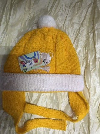 Трикотажна подвійна з помпоном жовта шапка для немовлят і новонароджених дітей Ш. . фото 4