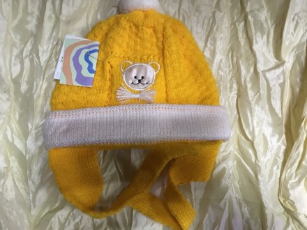 Трикотажна подвійна з помпоном жовта шапка для немовлят і новонароджених дітей Ш. . фото 3