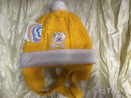 Трикотажна подвійна з помпоном жовта шапка для немовлят і новонароджених дітей Ш. . фото 1