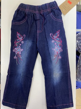 Теплые и модные Зимние утеплённые флисом на резинке синие джинсы-брюки с вышивко. . фото 4