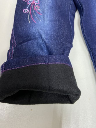 Теплые и модные Зимние утеплённые флисом на резинке синие джинсы-брюки с вышивко. . фото 3