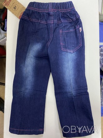 Теплые и модные Зимние утеплённые флисом на резинке синие джинсы-брюки с вышивко. . фото 1