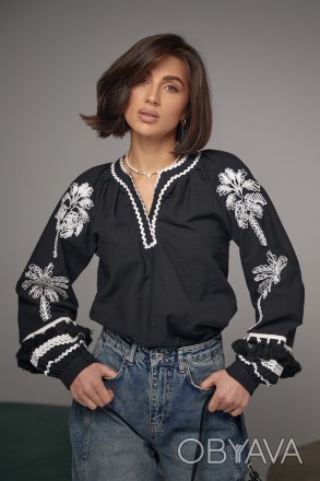 Женская блуза-вышиванка в этностиле - черный цвет, S (есть размеры)