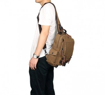 Світлий бежевий текстильний рюкзак слінг з однією шлейкою, лямкою, універсальний. . фото 3