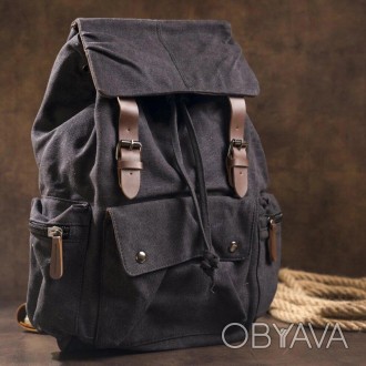 Тканинний, текстильний місткий чорний рюкзак повсякденний, дорожній, спортивний.. . фото 1