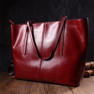 Велика жіноча шкіряна бордова сумка шопер, сумка з довгими ручками виготовлена з. . фото 4