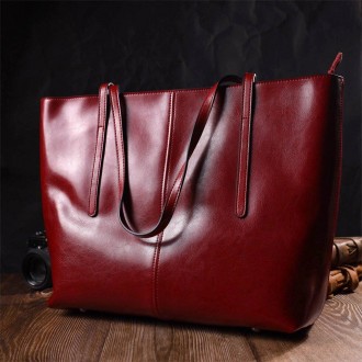 Велика жіноча шкіряна бордова сумка шопер, сумка з довгими ручками виготовлена з. . фото 2