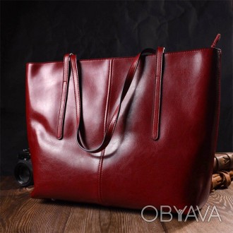 Велика жіноча шкіряна бордова сумка шопер, сумка з довгими ручками виготовлена з. . фото 1