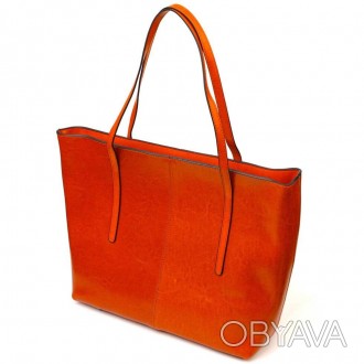 Велика жіноча шкіряна руда сумка шопер, сумка з довгими ручками виготовлена з на. . фото 1