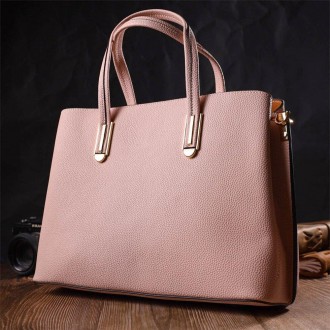 Класична красива стильна рожева шкіряна сумка тоут виготовлена з якісної натурал. . фото 3