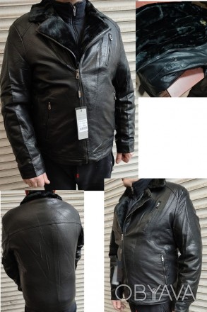 Дубленка, косуха, куртка мужская зимняя черная из экокожи на меху, есть большие . . фото 1