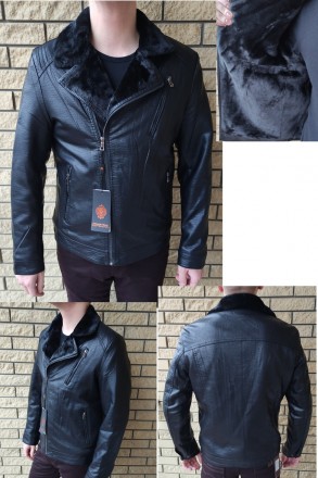 Дубленка, косуха, куртка мужская зимняя черная из экокожи на меху, есть большие . . фото 2