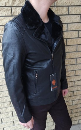 Дубленка, косуха, куртка мужская зимняя черная из экокожи на меху, есть большие . . фото 6
