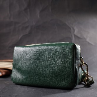 Зелена універсальна шкіряна сумочка клатч на зап'ясті, через плече жіноча барсет. . фото 8