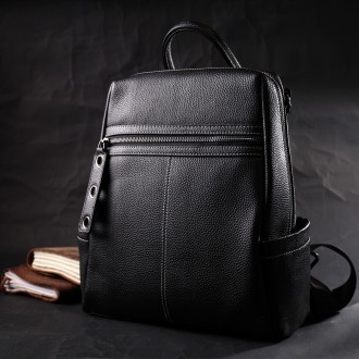 Стильний елегантний жіночий рюкзак з натуральної шкіри, чорний прошитий білою ст. . фото 4