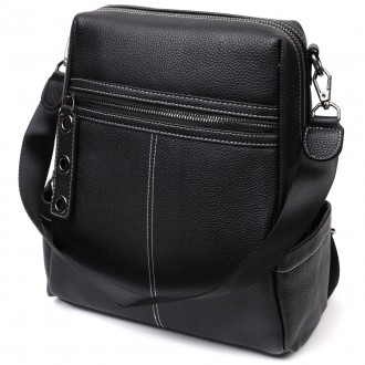 Стильний елегантний жіночий рюкзак з натуральної шкіри, чорний прошитий білою ст. . фото 6