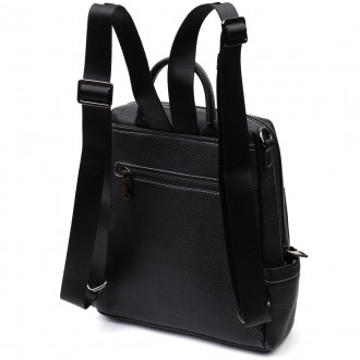 Стильний елегантний жіночий рюкзак з натуральної шкіри, чорний прошитий білою ст. . фото 3