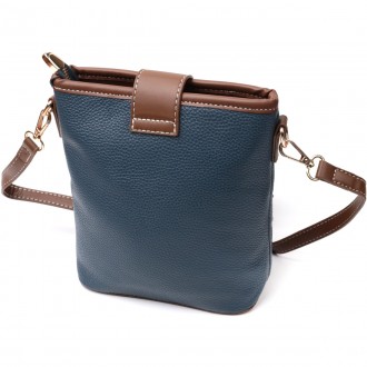 Оригінальна, стильна сумка синя сумочка на плече шкіряна вертикальна з коричневи. . фото 3