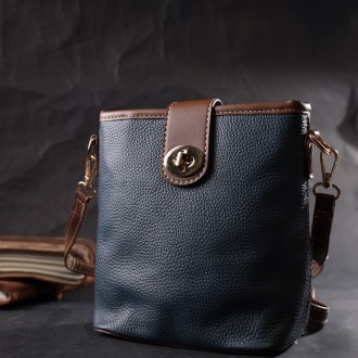 Оригінальна, стильна сумка синя сумочка на плече шкіряна вертикальна з коричневи. . фото 8