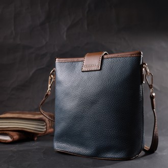 Оригінальна, стильна сумка синя сумочка на плече шкіряна вертикальна з коричневи. . фото 9