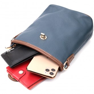 Оригінальна, стильна сумка синя сумочка на плече шкіряна вертикальна з коричневи. . фото 7