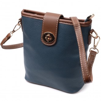 Оригінальна, стильна сумка синя сумочка на плече шкіряна вертикальна з коричневи. . фото 2