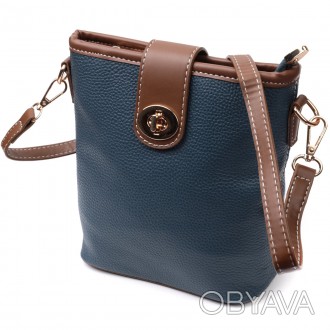 Оригінальна, стильна сумка синя сумочка на плече шкіряна вертикальна з коричневи. . фото 1