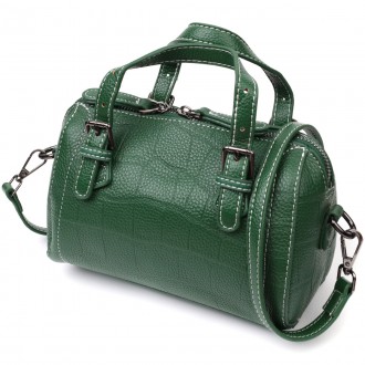 Жіноча стильна фактурна зеленая сумочка з натуральної телячої шкіри з тисненням . . фото 2