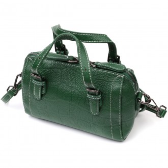 Жіноча стильна фактурна зеленая сумочка з натуральної телячої шкіри з тисненням . . фото 3
