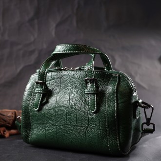 Жіноча стильна фактурна зеленая сумочка з натуральної телячої шкіри з тисненням . . фото 8