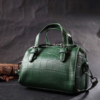 Жіноча стильна фактурна зеленая сумочка з натуральної телячої шкіри з тисненням . . фото 9