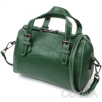 Жіноча стильна фактурна зеленая сумочка з натуральної телячої шкіри з тисненням . . фото 1