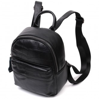 Маленький компактний жіночий шкіряний стильний чорний рюкзак виготовлений з м'як. . фото 2