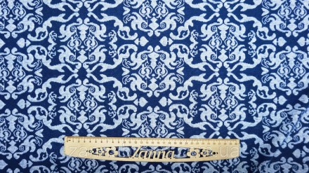  Трикотажная ткань с небольшим начесом цвет темно-синий "Узоры" - мягкая, податл. . фото 2