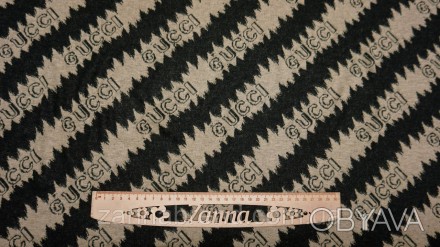  Трикотажная ткань с небольшим начесом в полоску черно-бежевого цвета - биэласти. . фото 1