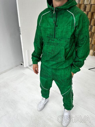Костюм спортивный мужской зелёный демисезонный с капюшоном штаны и анорак Wind W. . фото 1