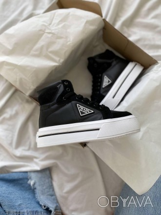 Кроссовки женские черные Prada Macro Re-Nylon Brushed Leather Sneakers Black Whi. . фото 1