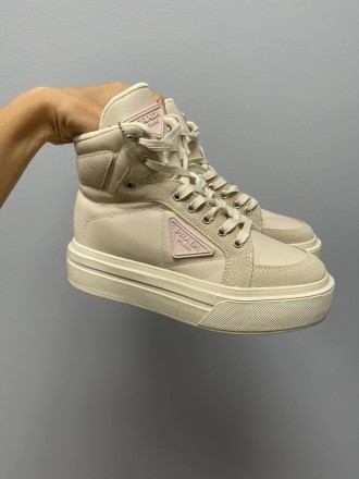 Кроссовки женские бежевые Prada Macro Re-Nylon Brushed Leather Sneakers Beige No. . фото 3