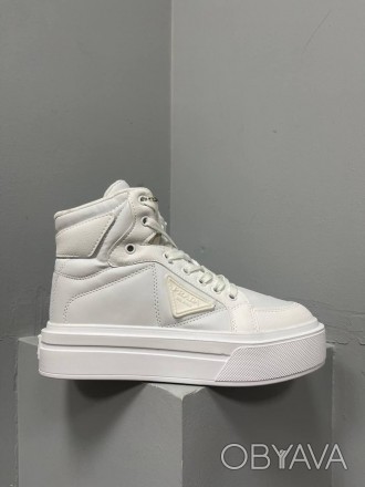 Кроссовки женские белые Prada Macro Re-Nylon Brushed Leather Sneakers White No L. . фото 1