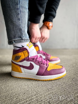 Кроссовки мужские желто-фиолетовые Jordan 1 High OG "Brotherhood" Yellow Purple . . фото 1