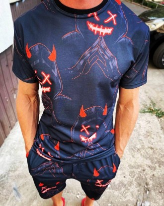 Костюм мужской летний синий молодёжный футболка и шорты с принтом Devil Smiley. Киев. фото 1
