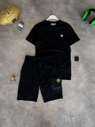 
Костюм мужской летний черный молодёжный футболка и шорты фирменный Stone Island. . фото 1
