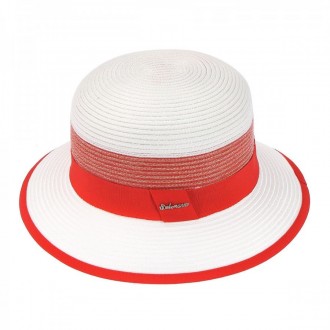 Легка біла капелюх виготовлена з комбінації текстильної нитки ,прикрашена червон. . фото 5