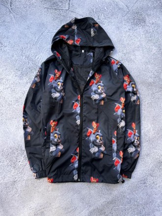 
Ветровка куртка мужская весна-осень-лето черная c принтом с капюшоном Том и Дже. . фото 4