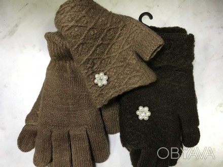 Жіночі в'язані рукавички всередині утеплені начосом , з мітенками гарні, теплі з. . фото 1