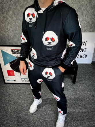 Cпортивный костюм худи и штаны мужской черный с принтом с капюшоном Panda's. Київ. фото 1 Cпортивный костюм худи и штаны мужской черный с принтом с капюшоном Panda's. Київ. фото 1
